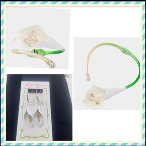 Betsey Johnson White Gold Calla Lily Earring Bracelet Necklace 3 Pc Set NWT